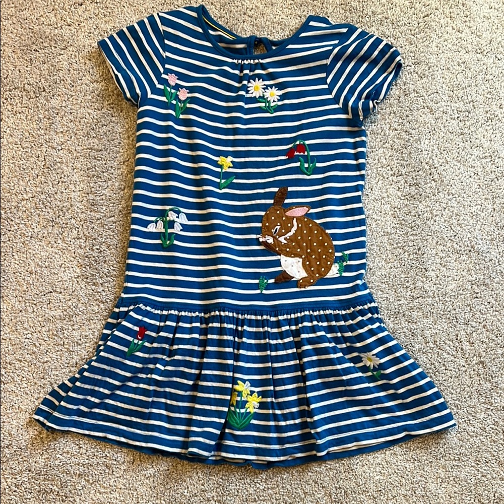 Mini Boden Blue Striped Dress with Bunny and Floral Accents